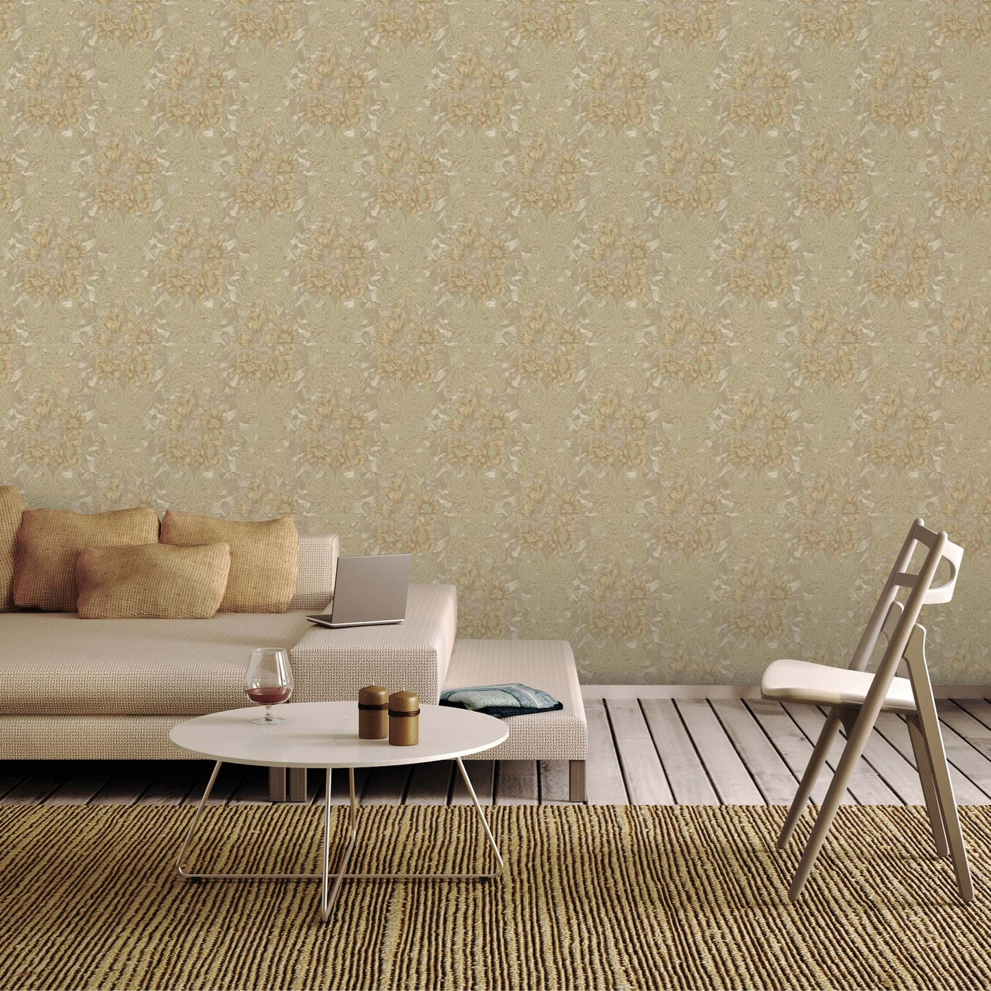 Tapeta ciemnobeżowa kwiatowy wzór z ornamentem – elegancka tapeta do wnętrz