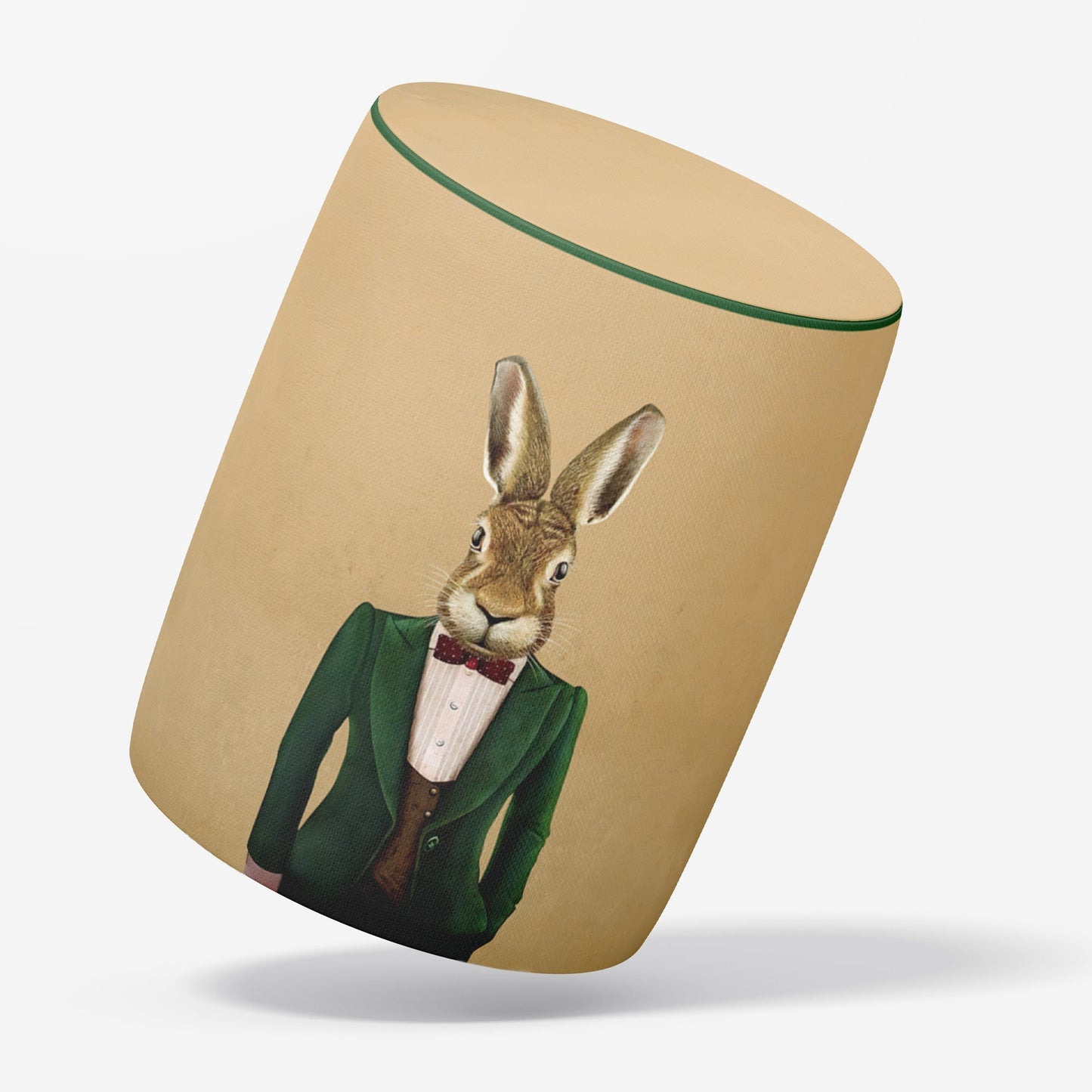 Okrągła pufa beżowa z grafiką zająca w garniturze – elegancka pufa dekoracyjna
