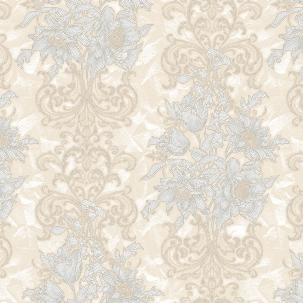 Tapeta jasnobeżowa kwiatowy wzór z ornamentem – elegancka tapeta do wnętrz