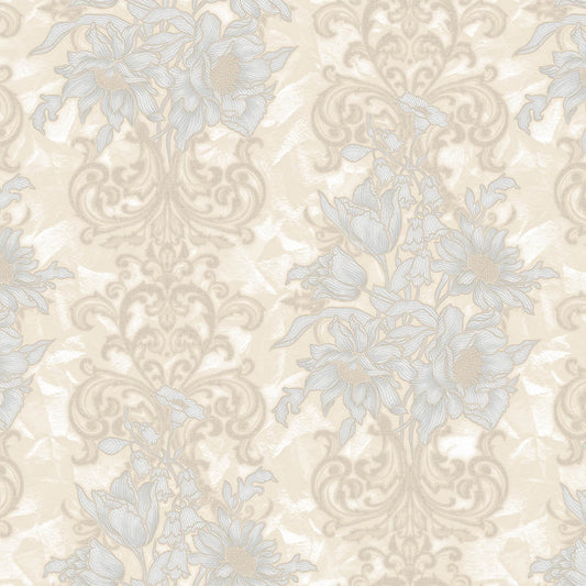 Tapeta jasnobeżowa kwiatowy wzór z ornamentem – elegancka tapeta do wnętrz