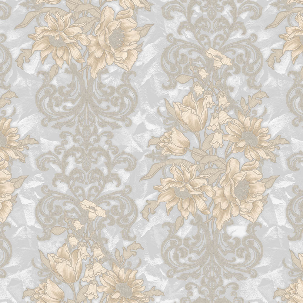 Tapeta jasnoszara kwiatowy wzór z ornamentem – elegancka tapeta do wnętrz