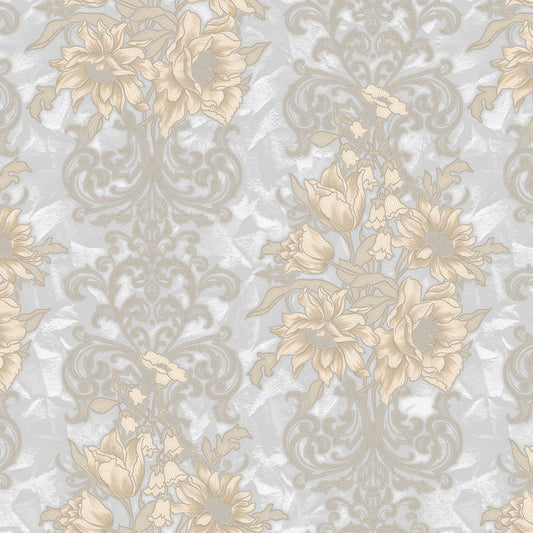 Tapeta jasnoszara kwiatowy wzór z ornamentem – elegancka tapeta do wnętrz