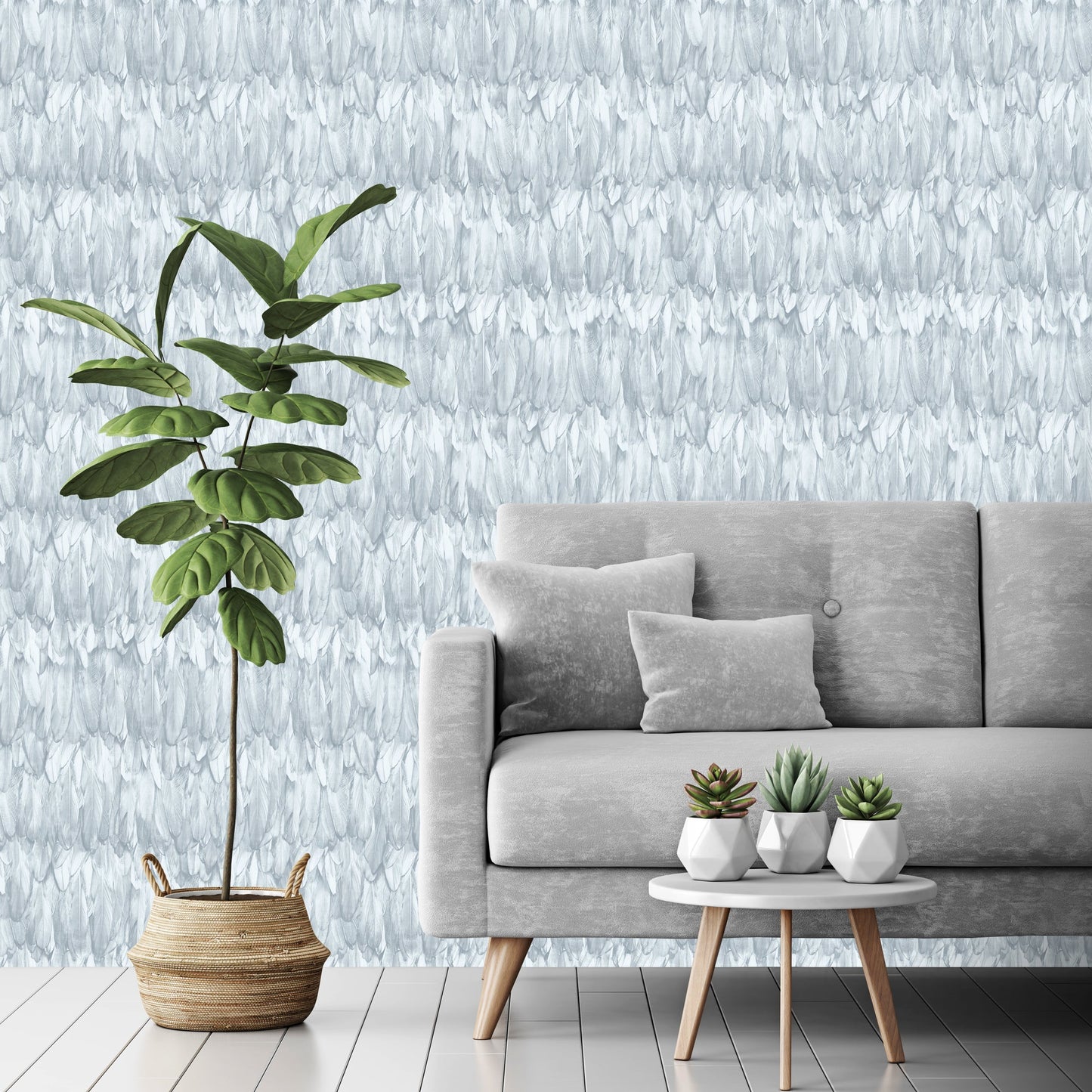 Tapeta błękitna winylowa w pióra – nowoczesna tapeta ścienna do salonu i sypialni